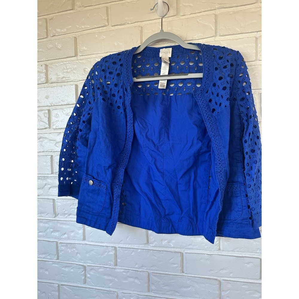 Chico's 0 Linen Eyelet Crochet Jacket Royal Blue Open Front 3/4 Sleeve Boho Chic - Picture 4 of 7